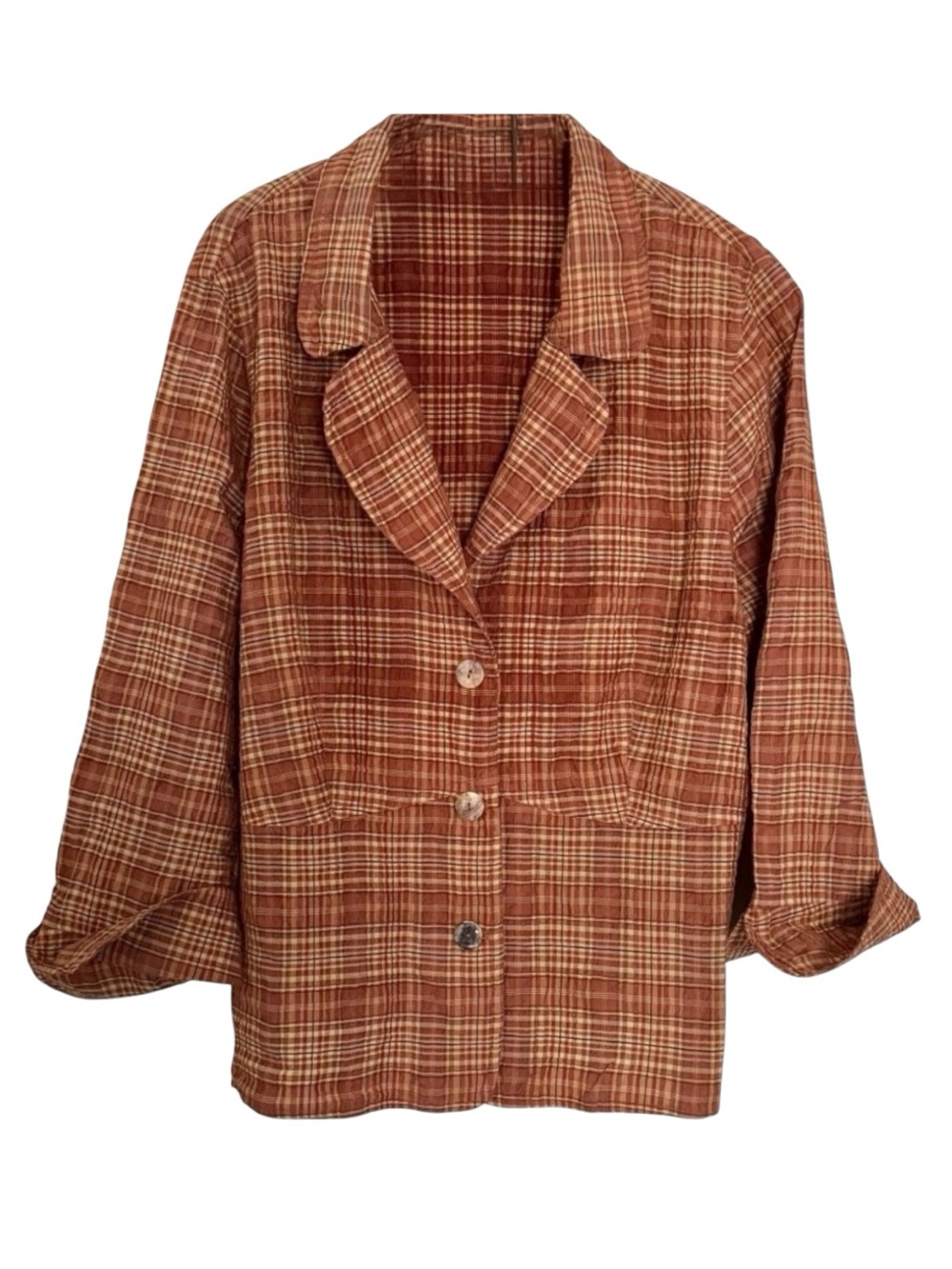 Cut Loose Plaid Seersucker Jacket – Lightweight Rayon Nylon Blend 3/4 Sleeves